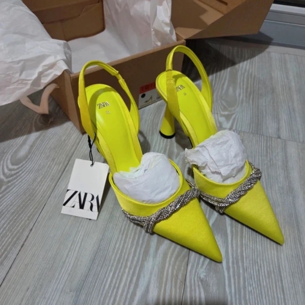 Zara Women's Neon Yellow Heels with Rhinestone Accent